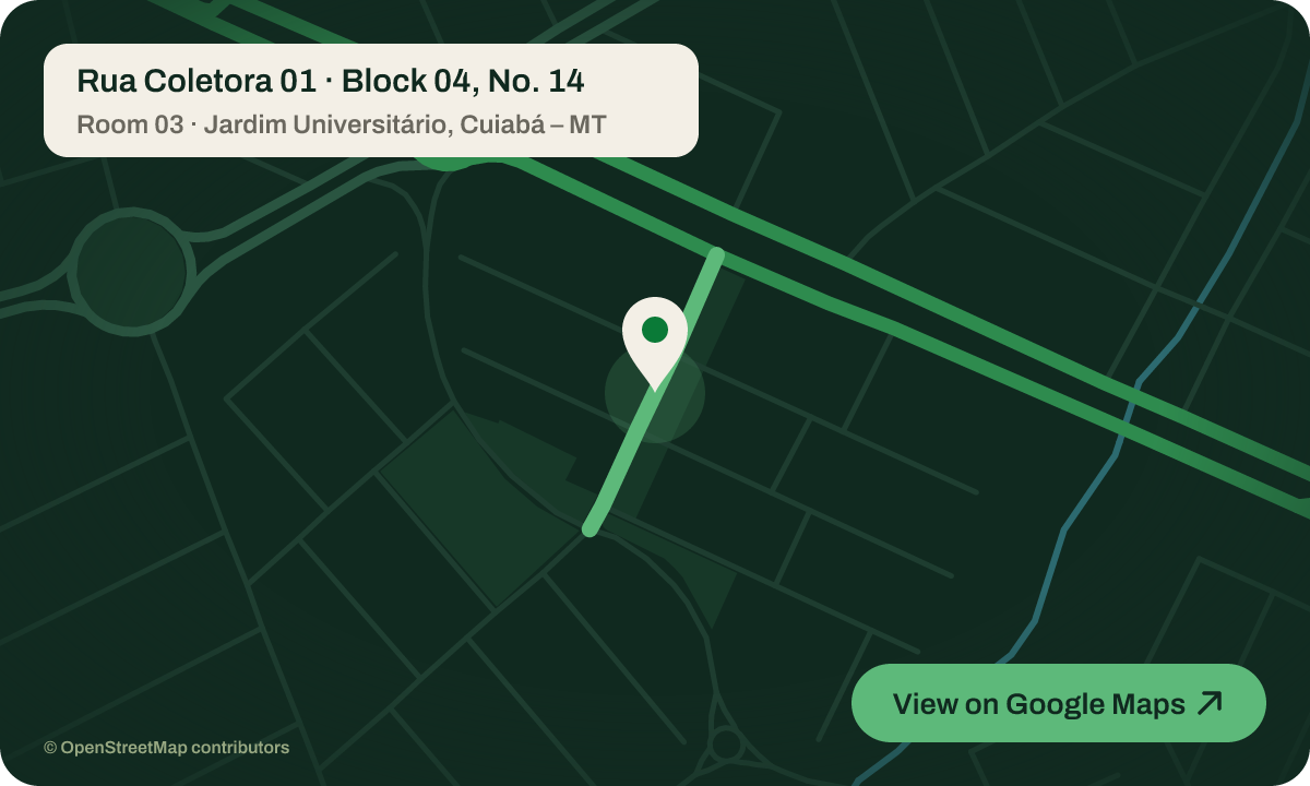 Map: Rua Coletora 01, Block 04, No. 14, Room 03, Jardim Universitário, Cuiabá – MT, Brazil